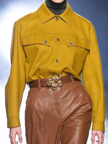 

Solid Loosen Long Sleeve Shirt Collar Top, Yellow, Blouses and Shirts