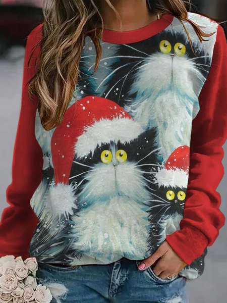 

Fluffy Cats Christmas Casual Crew Neck Sweatshirts, Red, Hoodies&Sweatshirts