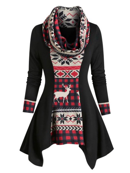 

Regular Fit Christmas Snowman Cowl Neck Dresses, Black, Mini Dresses