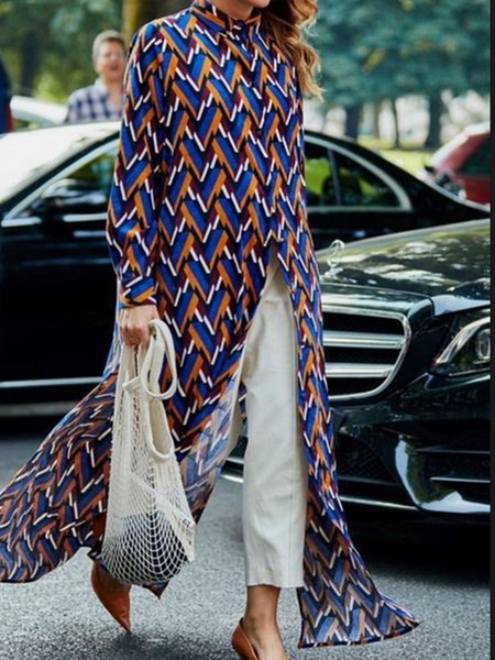 

Stand Collar Vintage Slit Printed Top, As picture, Tops