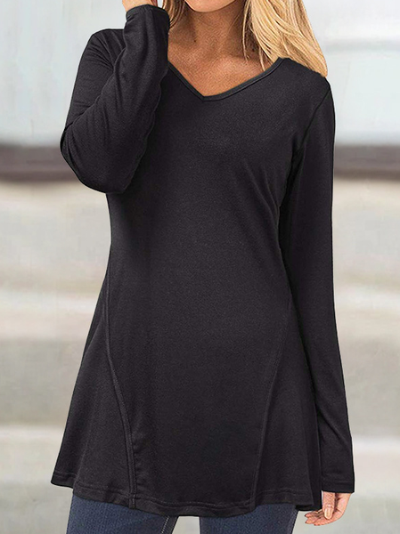 

V Neck Plain Regular Fit Shirts & Tops, Black, Tops