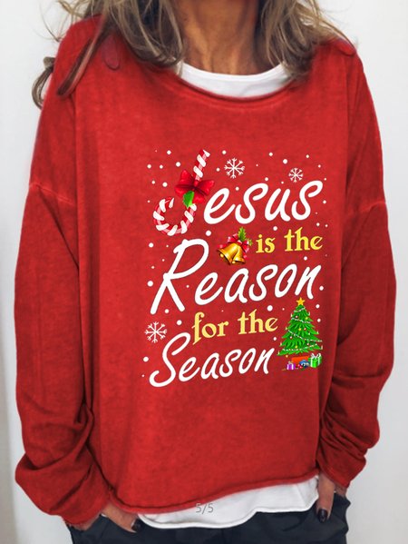 

Christmas Jesus text print round neck long-sleeved sweatshirt, Red, Hoodies&Sweatshirts
