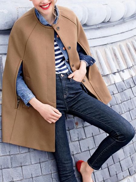 

Casual Crew Neck Solid Loosen Outerwear, Khaki, Coats