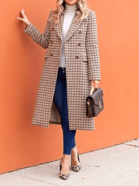 Winter Lapel Loosen Grid Work Formal Daily Mid-weight Outerwear, As picture, Coats