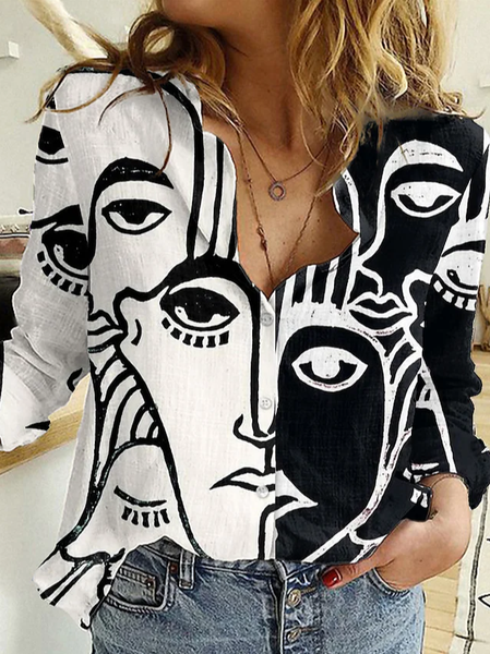

Women's Portrait Blouse Shirt Color Block Abstract Portrait Button Print Shirt Collar Basic Tops Black, Shirts & Blouses