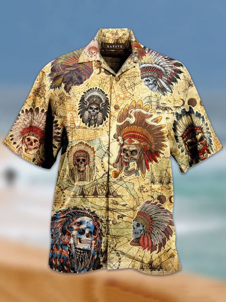 

Mens Native Viking Blood Skull Map Print Casual Breathable Short Sleeve Hawaiian Shirts, Khaki, Men's Floral shirt