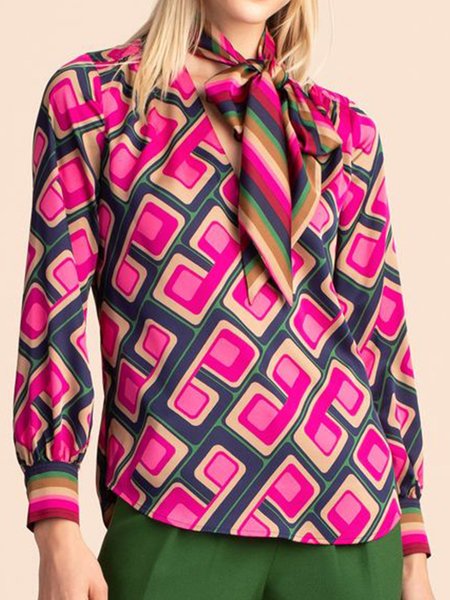 

Vintage Elegant Date Daily Tie Neck Simple Grid Top, Multicolor, Blouses and Shirts