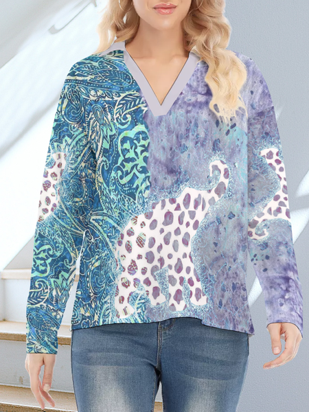 

Casual Household Daily Vintage Boho Cotton Blends Shirts & Tops, Blue purple, Long sleeve tops