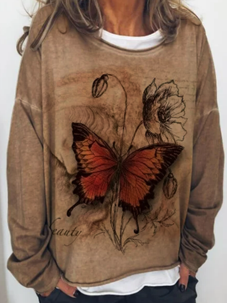 

Long sleeve round neck nostalgic butterfly flower print casual loose top women's sweater, Khaki, Hoodies & Sweatshirts