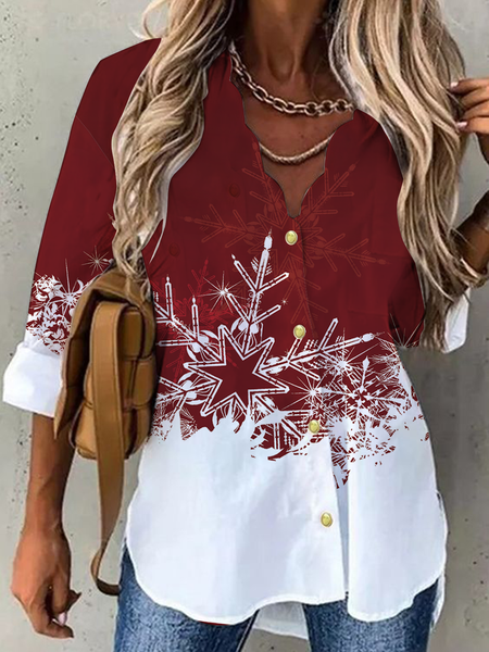 

Long sleeve V-neck petal collar geometric gradient Snowflake Christmas shirt women's shirt, Red, Shirts & Blouses