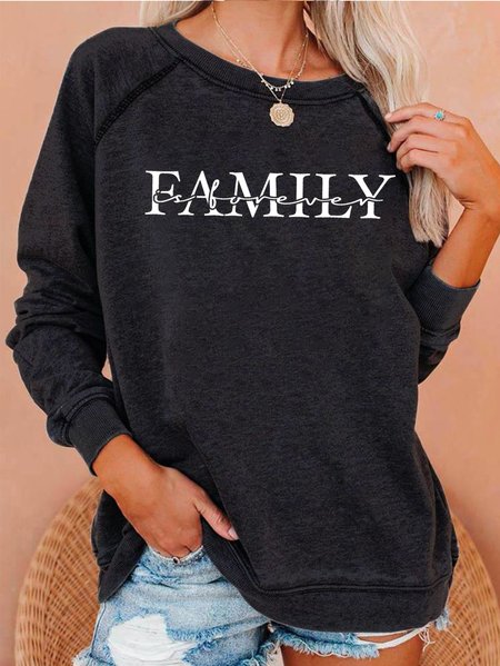 Family Forever Print Crew Neck Casual Sweatshirts, Black, Hoodies&Sweatshirts