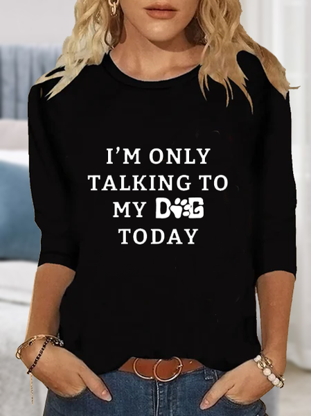 

Letter Print Casual Crew Neck Long Sleeve Tops, Black, Tops
