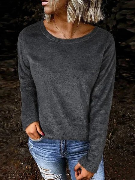 

Keep Warm Solid Loosen Shirts & Tops, Gray, Long sleeve tops
