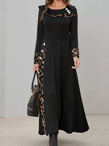 

Long sleeve high elastic plain color patterned Leopard Print Long Dress, Black, Casual Dresses