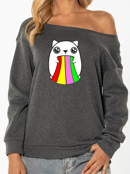 

Unocis Cute Rainbow Cat Long-sleeved Off Shoulder Sweatshirt, Gray, Sweatshirts