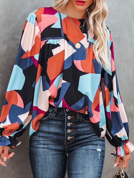 

Plus Size Frill Sleeve Crew Neck Shirts & Tops（accessory not included）, Multicolor, Long sleeve tops