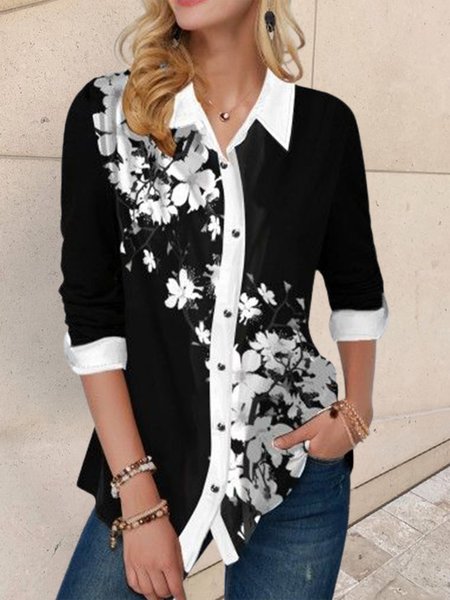 

Floral Shirt Collar Loosen Shirts & Tops, Black, Shirts & Blouses