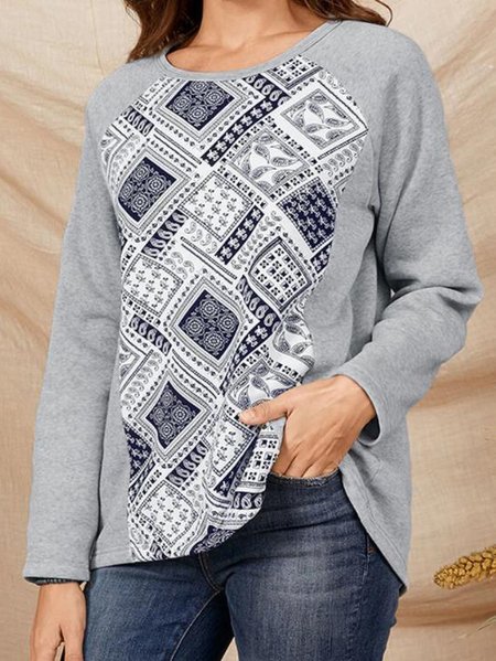 

Boho Raglan Sleeve Tribal Printed Crew Neck Shirt & Top, Gray, Long sleeve tops