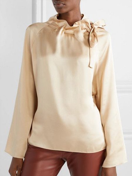 

Sweet Elegant Simple Plain Vintage Tie Neck Top, Apricot, Blouses and Shirts