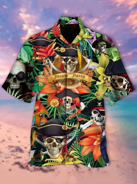 

Mens Pirate Skull Party Print Casual Breathable Short Sleeve Hawaiian Shirts, Black, Men's Floral shirt