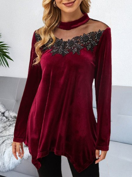 

Velvet Mesh Casual Loosen Shirts & Tops, Red, Tops