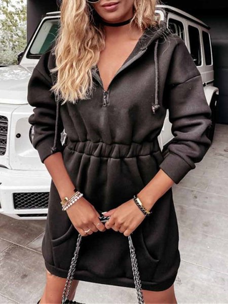 

Zipper Pocket Hooded Long Sleeve Tunic Dresses, Black, Mini Dresses
