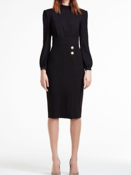 

Spring Plain Long sleeve Work Formal Stand Collar Dress, Black, Midi Dresses