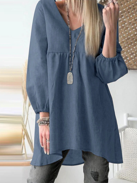 

Cotton Loosen V Neck Tops, Blue, Tops