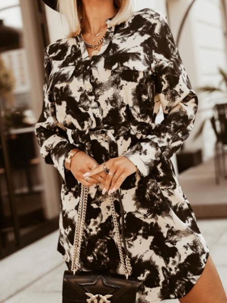 

Casual Household Daily Vintage Chiffon Loosen Lapel Dresses, Black, Tie dye dress