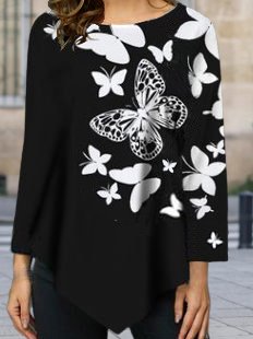 

Floral Printed Casual Long Sleeve Loosen Shirts & Tops, Black, Tops