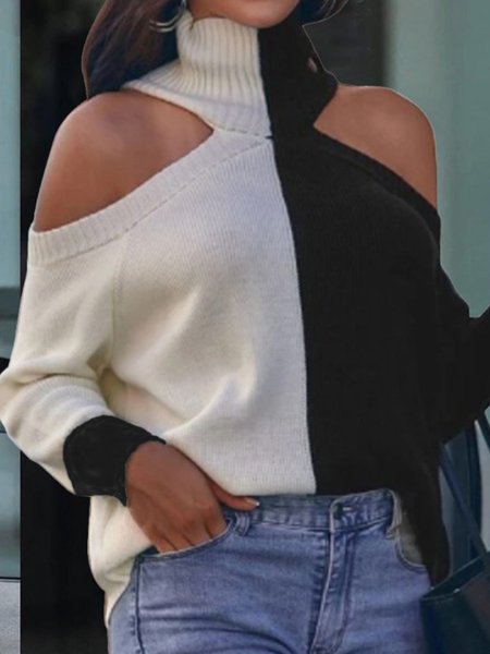 

Lady Long Sleeve Solid Loosen Sweater, Black-white, Pullovers