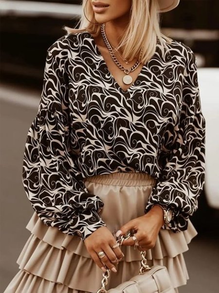 

V Neck Loosen Printed Top, As picture, Blouses and Shirts