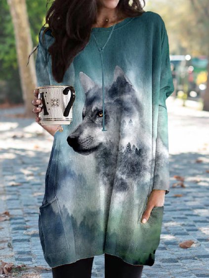 

Animal Printed Crew Neck Long Sleeve Md-long Shirts & Tops, Green, Long sleeve tops