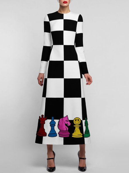 

Crew Neck Long Sleeve Elegant Maxi Dress, Black-white, Maxi Dresses