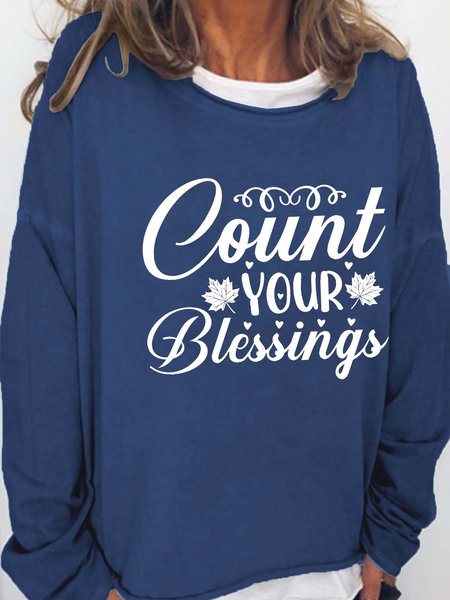 

Thanksgiving Count Your Blessings Print Casual Sweatshirt, Deep blue, Hoodies&Sweatshirts