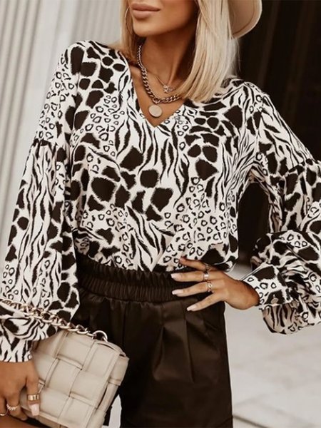 

V Neck Printed Elegant Long Sleeve Top, As picture, Blouses and Shirts