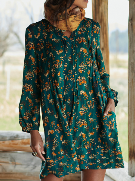 

FloralEthnic V Neck Regular Fit Casual Long sleeve Dresses, Green, Floral Dresses