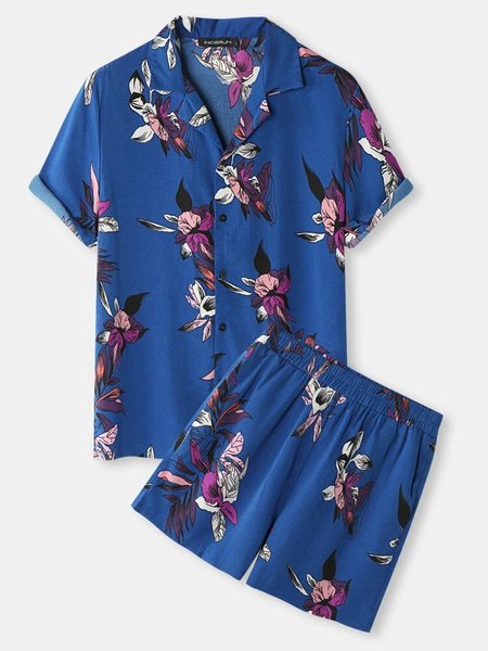 

Mens Tropical Leaves Print Casual Breathable Chest Pocket Short Sleeve Hawaiian Shirts, As picture, Men's sets