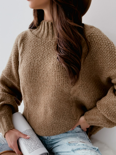 

Long sleeve stand collar retro plain patterned warm sweater Plus Size, Camel, Sweaters