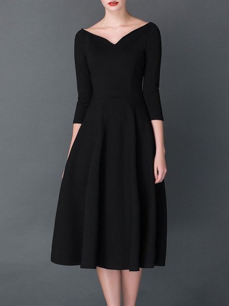 

Heart-Shaped Collar Plain Midi Dress, Black, Midi Dresses