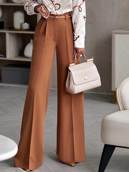 

Solid Elegant Regular fit Work Pants, Brown, Wide Leg Pants