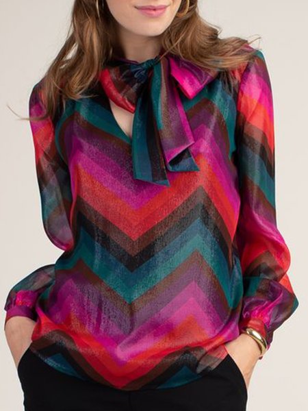 

Sweet Elegant Simple Tie Neck Striped Sweet Top, As picture, Blouses and Shirts