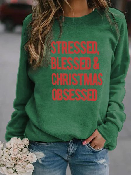 

Christmas Fun Text Print Round Neck Long Sleeve Sweatshirt, Green, Hoodies&Sweatshirts