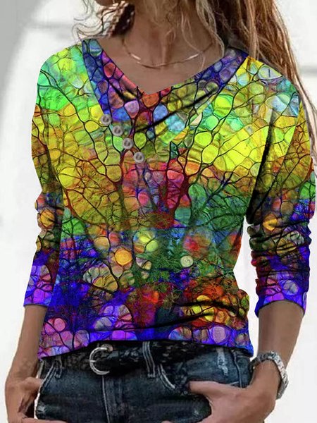 

Casual Colorful Print V Neck Long Sleeve Tops, Multicolor, Tops