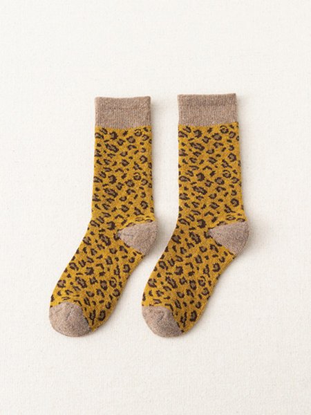 Wool Leopard Striped Thermal Socks, Brown, Socks