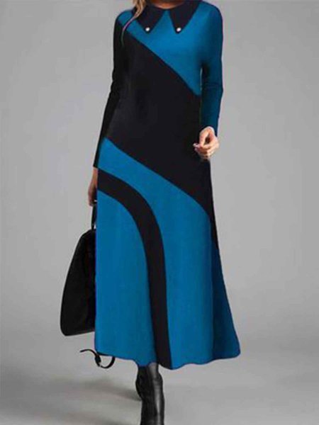 

Long sleeve crew neck geometric Plaid stripe loose a hem long, Blue, Tie dye dress