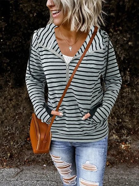 

Striped Loosen Cotton Blends Sweatshirt, Stripe-gray, Sweatshirts & Hoodies