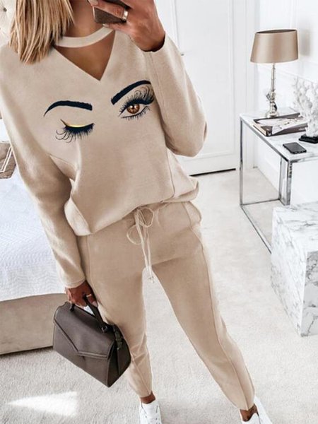 

Casual Long Sleeve V Neck Suits, Khaki, Two-piece Outfits