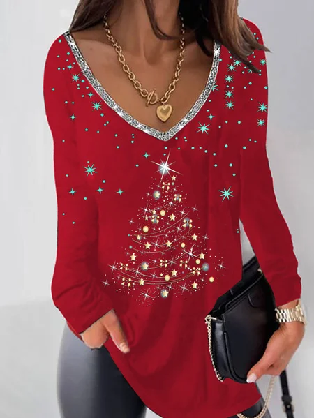 

Christmas Regular Fit Basics T-shirt, Red, Long sleeve tops