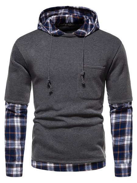 

Plaid Stitching Solid Color Long Sleeve Hooded Sweatshirt, Deep gray, Hoodies